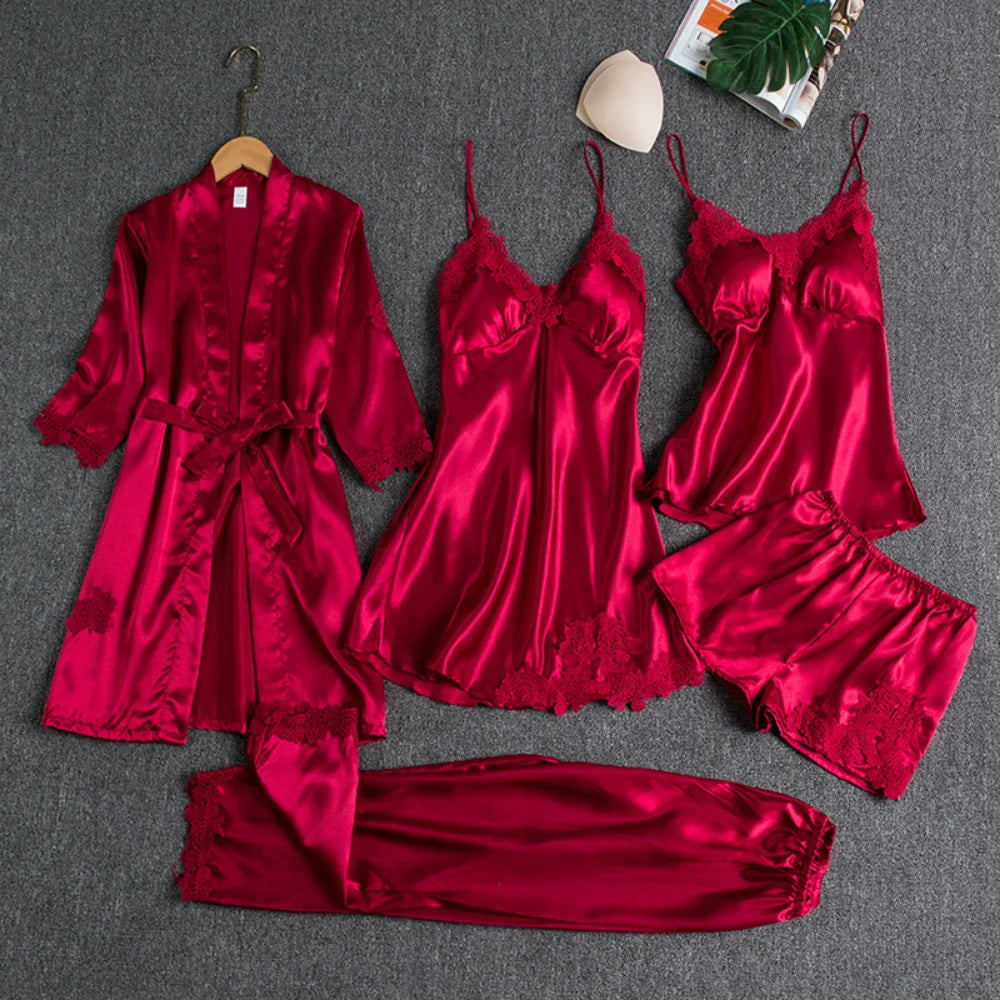 Xparata™ 5PC Silk Robe Sleep Suit Womens Lace Satin Pajamas Gown Set V-Neck Cami Nighties Wear Pijama Home Nightwear Spring Nightdress (wine red / XL)