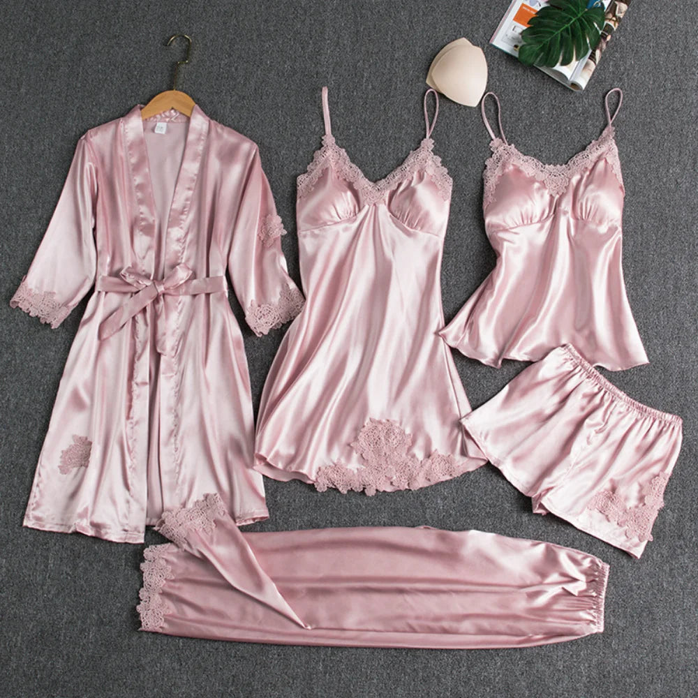 Xparata™ 5PC Silk Robe Sleep Suit Womens Lace Satin Pajamas Gown Set V-Neck Cami Nighties Wear Pijama Home Nightwear Spring Nightdress (pink / XXL)