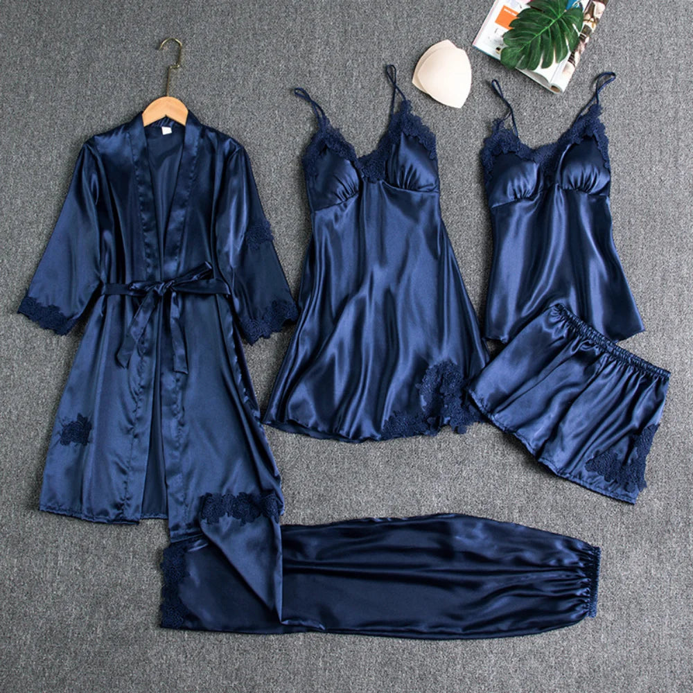 Xparata™ 5PC Silk Robe Sleep Suit Womens Lace Satin Pajamas Gown Set V-Neck Cami Nighties Wear Pijama Home Nightwear Spring Nightdress (navy blue / XL)