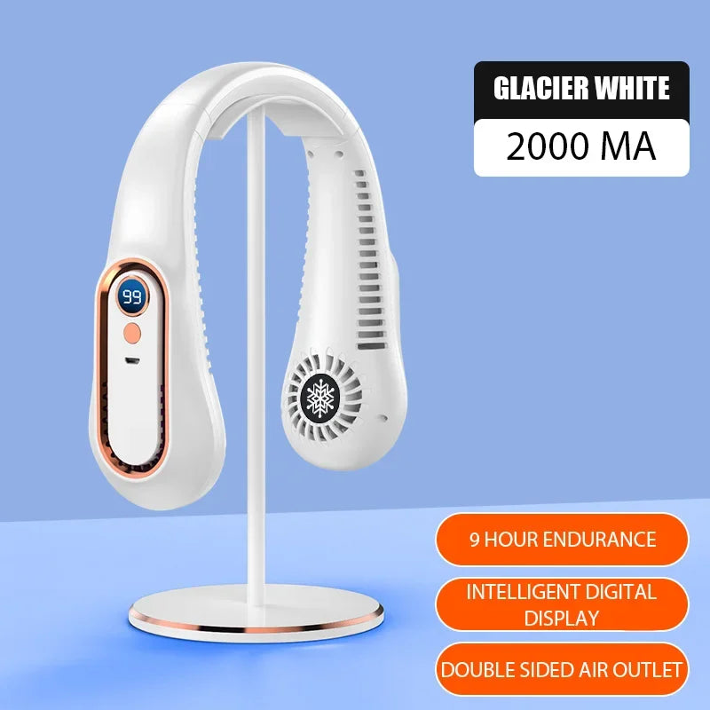 Xparata™ Hanging Neck Fan Digital Display Power Ventilador Bladeless Neckband Fan Portable Mini Air Cooler USB Rechargeable Electric Fans (WHITE)