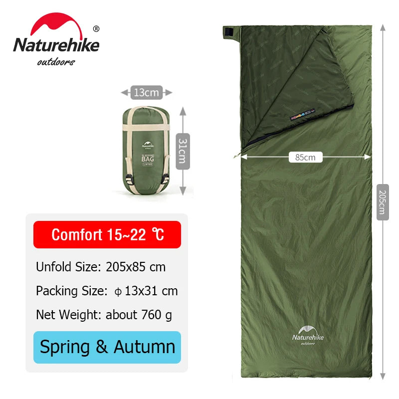 Xparata™ Naturehike lw180 Sleeping Bag Ultralight Cotton Sleeping Bag Spring Summer Sleeping Bag Outdoor Hiking Camping Sleeping Bag (Green - 205x85 cm)