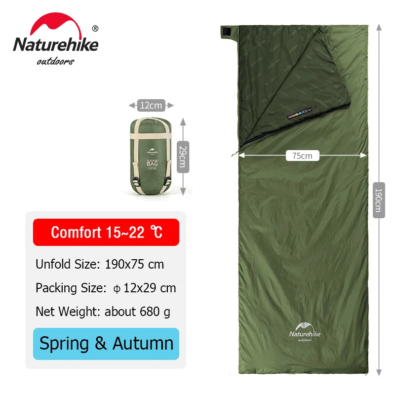 Xparata™ Naturehike lw180 Sleeping Bag Ultralight Cotton Sleeping Bag Spring Summer Sleeping Bag Outdoor Hiking Camping Sleeping Bag (Green - 190x75 cm)