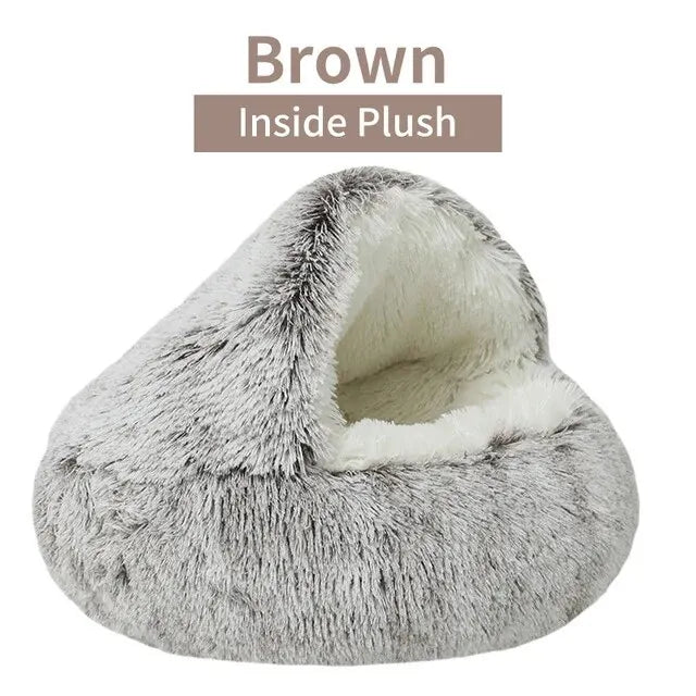 Xparata™ Plush Hooded Pet Bed Round Fluffy Soft Cat Bed Pet Cushion Warm Cat Dog 2 in 1 Sleeping Nest Cave for Small Dogs (Brown-Inside Plush / 50x50cm)