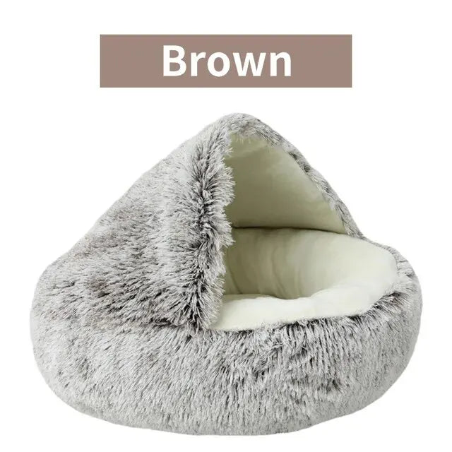 Xparata™ Plush Hooded Pet Bed Round Fluffy Soft Cat Bed Pet Cushion Warm Cat Dog 2 in 1 Sleeping Nest Cave for Small Dogs (Brown / 50x50cm)