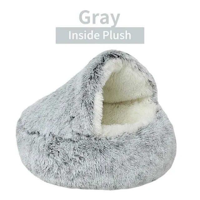 Xparata™ Plush Hooded Pet Bed Round Fluffy Soft Cat Bed Pet Cushion Warm Cat Dog 2 in 1 Sleeping Nest Cave for Small Dogs (Gray-Inside Plush / 40x40cm)