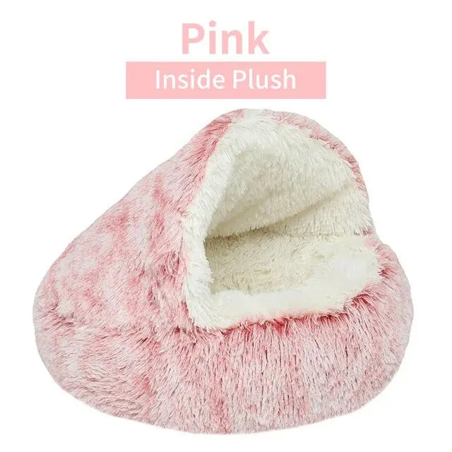 Xparata™ Plush Hooded Pet Bed Round Fluffy Soft Cat Bed Pet Cushion Warm Cat Dog 2 in 1 Sleeping Nest Cave for Small Dogs (Pink-Inside Plush / 50x50cm)