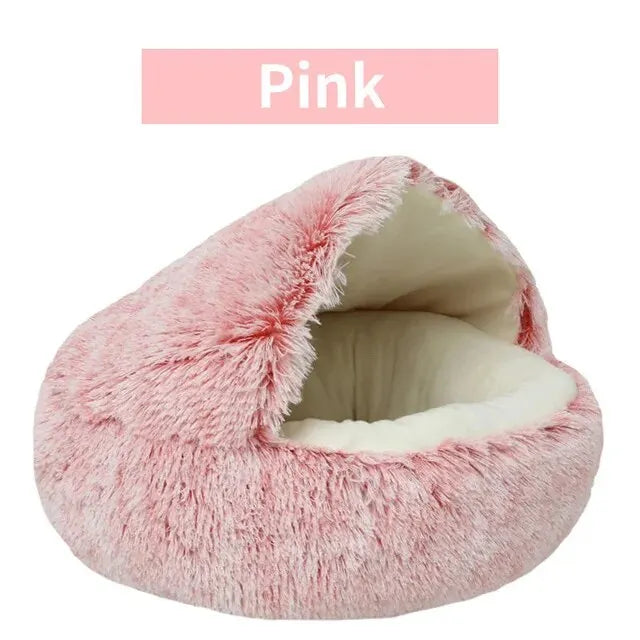 Xparata™ Plush Hooded Pet Bed Round Fluffy Soft Cat Bed Pet Cushion Warm Cat Dog 2 in 1 Sleeping Nest Cave for Small Dogs (Pink / 50x50cm)