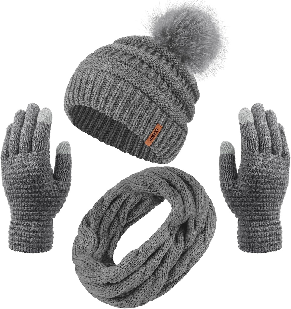 Womens Winter Warm Sets Knitted Fur Pompoms Beanie Hat Circle Loop Scarf Touch Screen Gloves Winter Favor Accessories (Dark Gray)