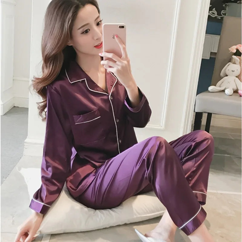 Xparata™ Womens Silk Satin Pajamas Set Sleepwear Pijama Women's Loungewear Pajamas Suit Female Sleep Two Piece Set Feminino Fofo Pyjamas (Length Purple / M)