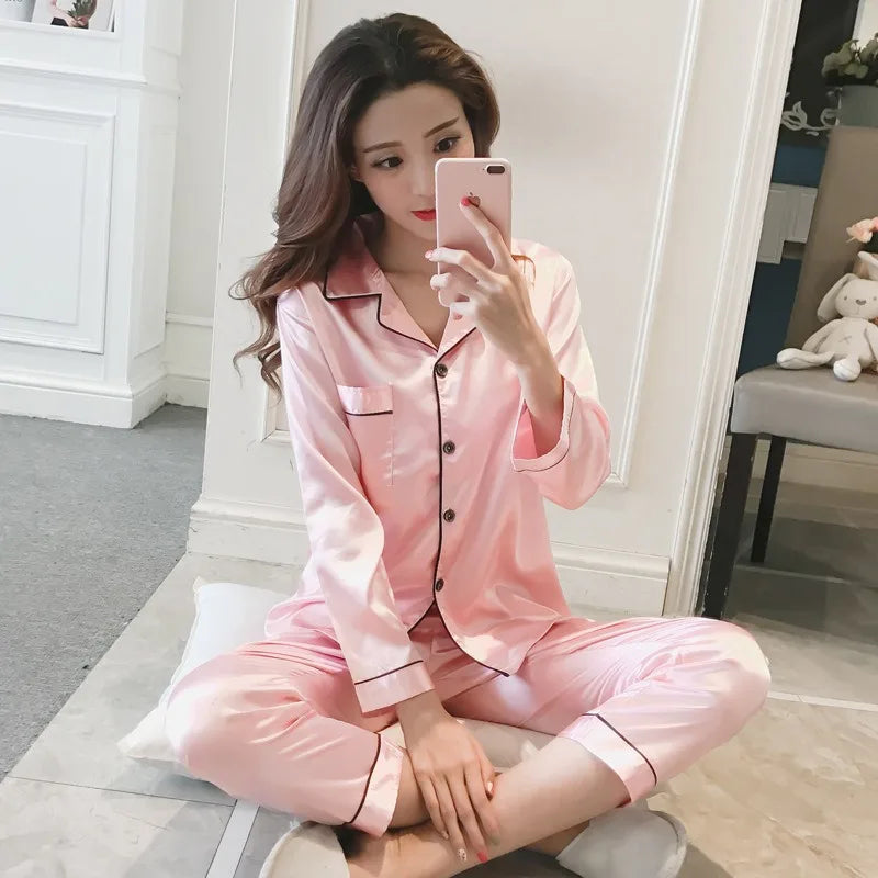 Xparata™ Womens Silk Satin Pajamas Set Sleepwear Pijama Women's Loungewear Pajamas Suit Female Sleep Two Piece Set Feminino Fofo Pyjamas (Length Pink / L)