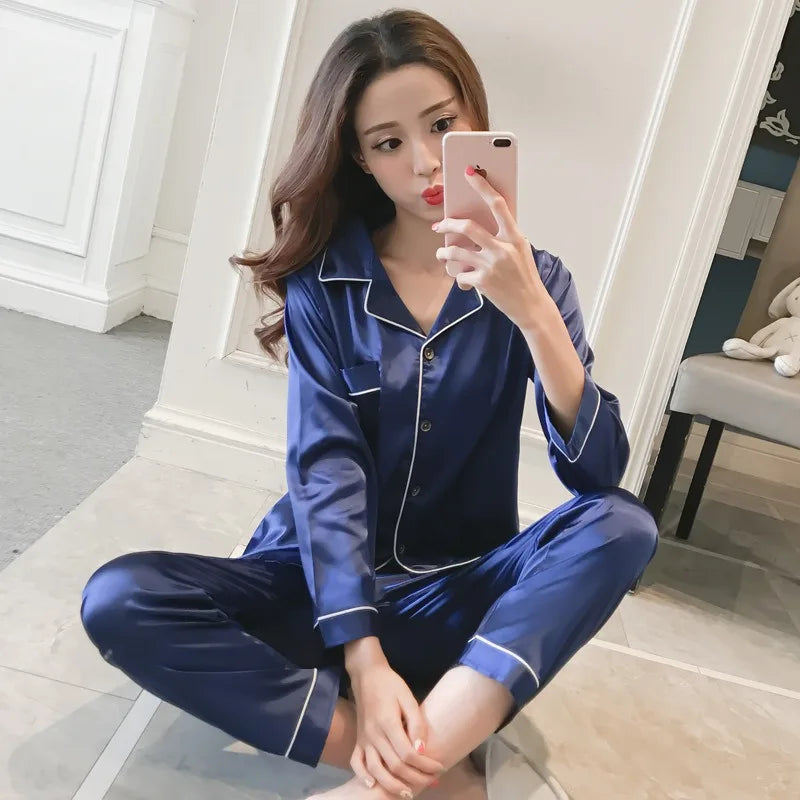 Xparata™ Womens Silk Satin Pajamas Set Sleepwear Pijama Women's Loungewear Pajamas Suit Female Sleep Two Piece Set Feminino Fofo Pyjamas (Length Navy / M)