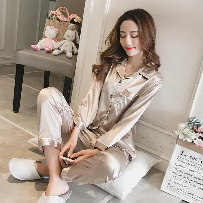 Xparata™ Womens Silk Satin Pajamas Set Sleepwear Pijama Women's Loungewear Pajamas Suit Female Sleep Two Piece Set Feminino Fofo Pyjamas (Length Champagne / L)