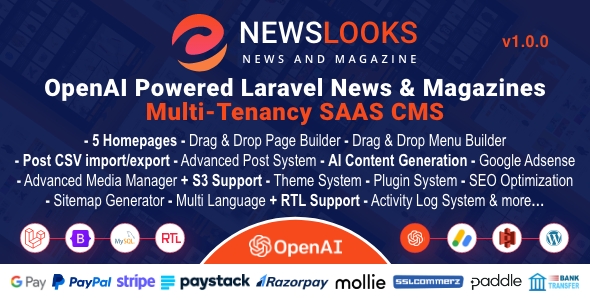 NewsLooks SAAS | OpenAI Powered News &amp; Magazines Multi-Tenancy SAAS CMS