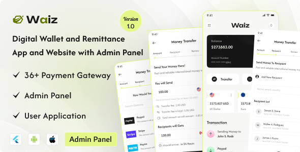 Waiz  Digital Wallet and Remittance App and Website with Admin Panel