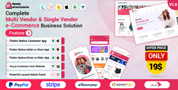 Ready ecommerce  Complete Multi Vendor e-Commerce Mobile App, Website, Rider App with Seller App