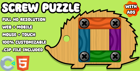 Screw Puzzle  Wood Bolts and Nuts. HTML5 Game (Construct 3). Web and Mobile ready