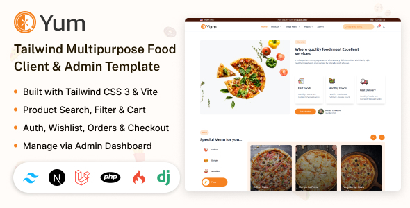 Yum  Next, Laravel, PHP, Codeigniter, Django Tailwind CSS Food Client &amp; Admin Template