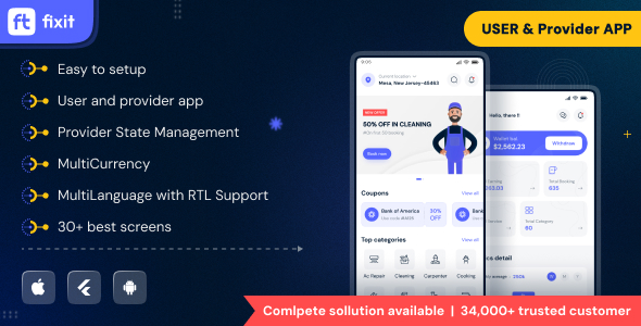 Fixit  On Demand Home Service App | UrbanClap Clone | Flutter UI Kit Template