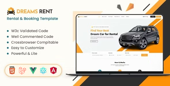 Dreams Rent  Car Rental Booking Management Bootstrap Template (HTML, Angular, Laravel, Vue, React)