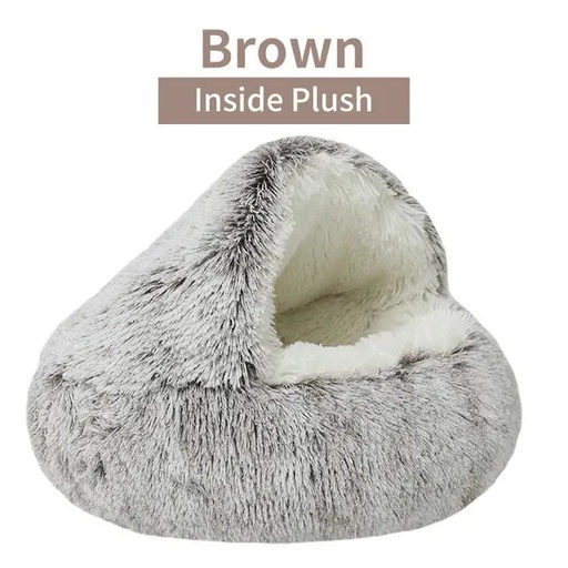 [200004485] Xparata™ Plush Hooded Pet Bed Round Fluffy Soft Cat Bed Pet Cushion Warm Cat Dog 2 in 1 Sleeping Nest Cave for Small Dogs (Brown-Inside Plush / 50x50cm)