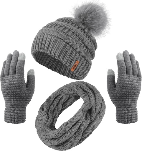 [f84c6772-2954-40e2-ae4c-b1d6afb6e040] Womens Winter Warm Sets Knitted Fur Pompoms Beanie Hat Circle Loop Scarf Touch Screen Gloves Winter Favor Accessories (Dark Gray)