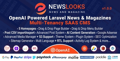 NewsLooks SAAS | OpenAI Powered News &amp; Magazines Multi-Tenancy SAAS CMS