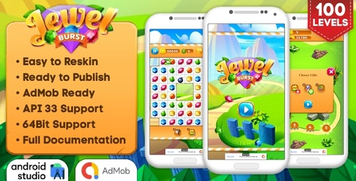 Jewel Burst  Match 3 Game Android Studio Project with AdMob Ads + Ready to Publish