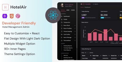 HotelAir  React Hotel Management Admin Dashboard Template