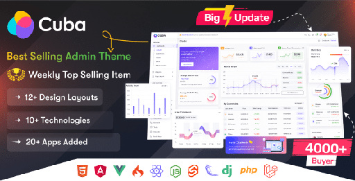 Cuba- HTML, React, Angular 15, VueJS, Django, Flask, Nodejs &amp; Laravel 9 Admin Dashboard Template
