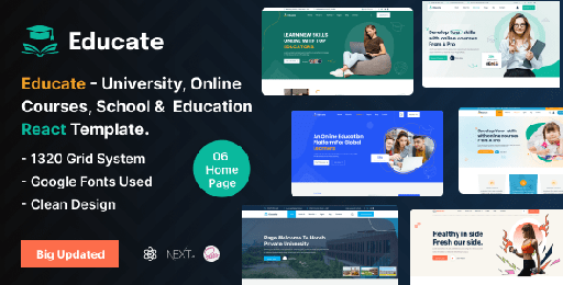 Educate  University, Online Courses, School &amp; Education React Next js Template