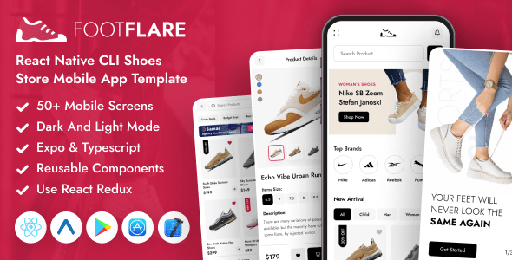 FootFlare  React Native CLI Shoes eCommerce Mobile App Template