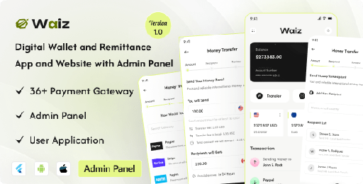 Waiz  Digital Wallet and Remittance App and Website with Admin Panel