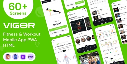 Fitness &amp; Gym Workout Mobile App PWA HTML Template  Vigor