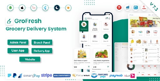 GroFresh  (Grocery, Pharmacy, eCommerce, Store) App and Web with Laravel Admin Panel + Delivery App