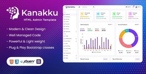 Kanakku  Sales (Invoices) and Accounts Admin Template (HTML + Laravel + Vuejs + Angular + Reactjs)