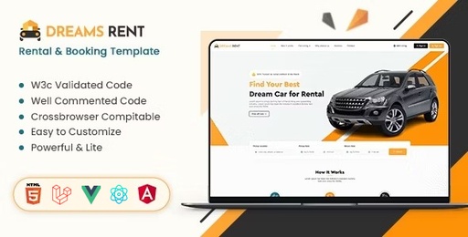 Dreams Rent  Car Rental Booking Management Bootstrap Template (HTML, Angular, Laravel, Vue, React)