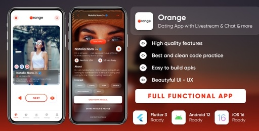 Orange  Dating app with Livestream, Chat, Gifts, Payouts : Flutter  Laravel : Full App