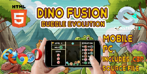 Dino Fusion Bubble Evolution  HTML5 Game (With Construct 3 Source-code .c3p)