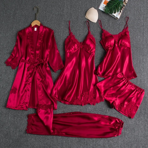 [200003907] Xparata™ 5PC Silk Robe Sleep Suit Womens Lace Satin Pajamas Gown Set V-Neck Cami Nighties Wear Pijama Home Nightwear Spring Nightdress (wine red / XL)