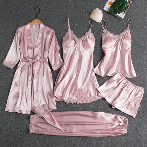 [200003903] Xparata™ 5PC Silk Robe Sleep Suit Womens Lace Satin Pajamas Gown Set V-Neck Cami Nighties Wear Pijama Home Nightwear Spring Nightdress (pink / XXXL)