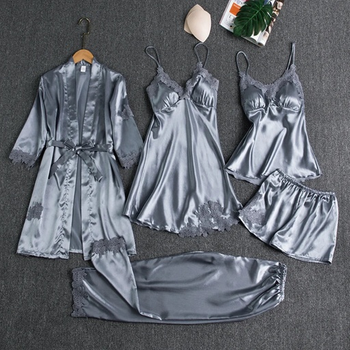 [200003891] Xparata™ 5PC Silk Robe Sleep Suit Womens Lace Satin Pajamas Gown Set V-Neck Cami Nighties Wear Pijama Home Nightwear Spring Nightdress (gray / XXXL)